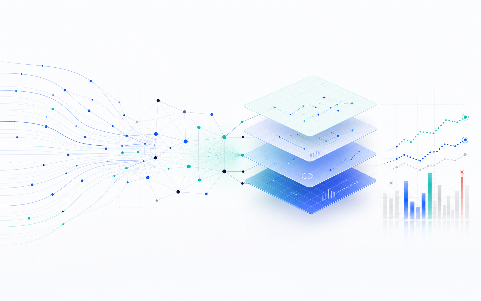 Planning signals flowing through connected nodes, layered model planes, and forecast outputs